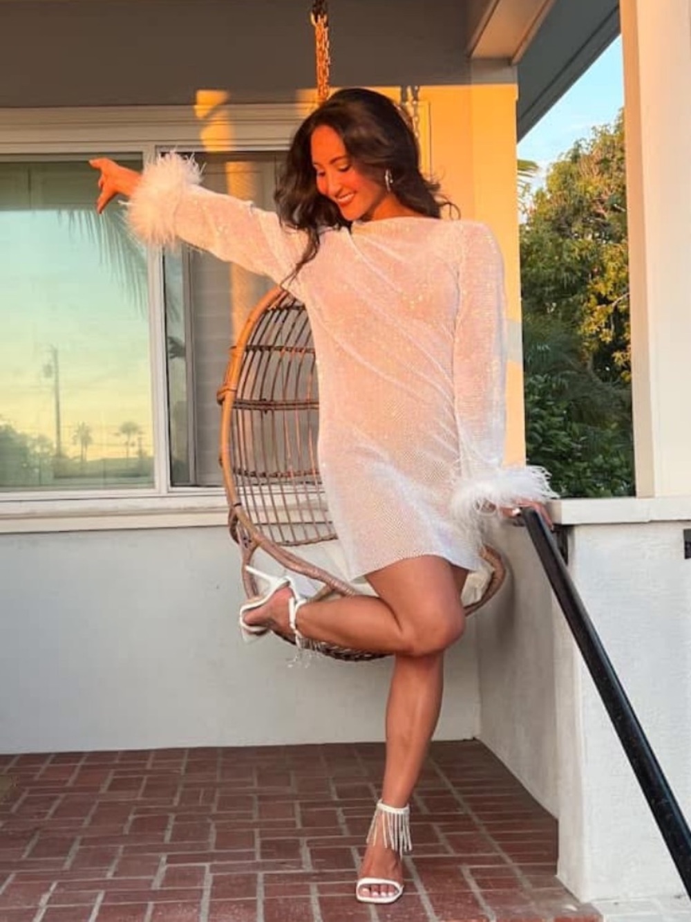 Meshki White Sequin Feather-Cuff Coverup